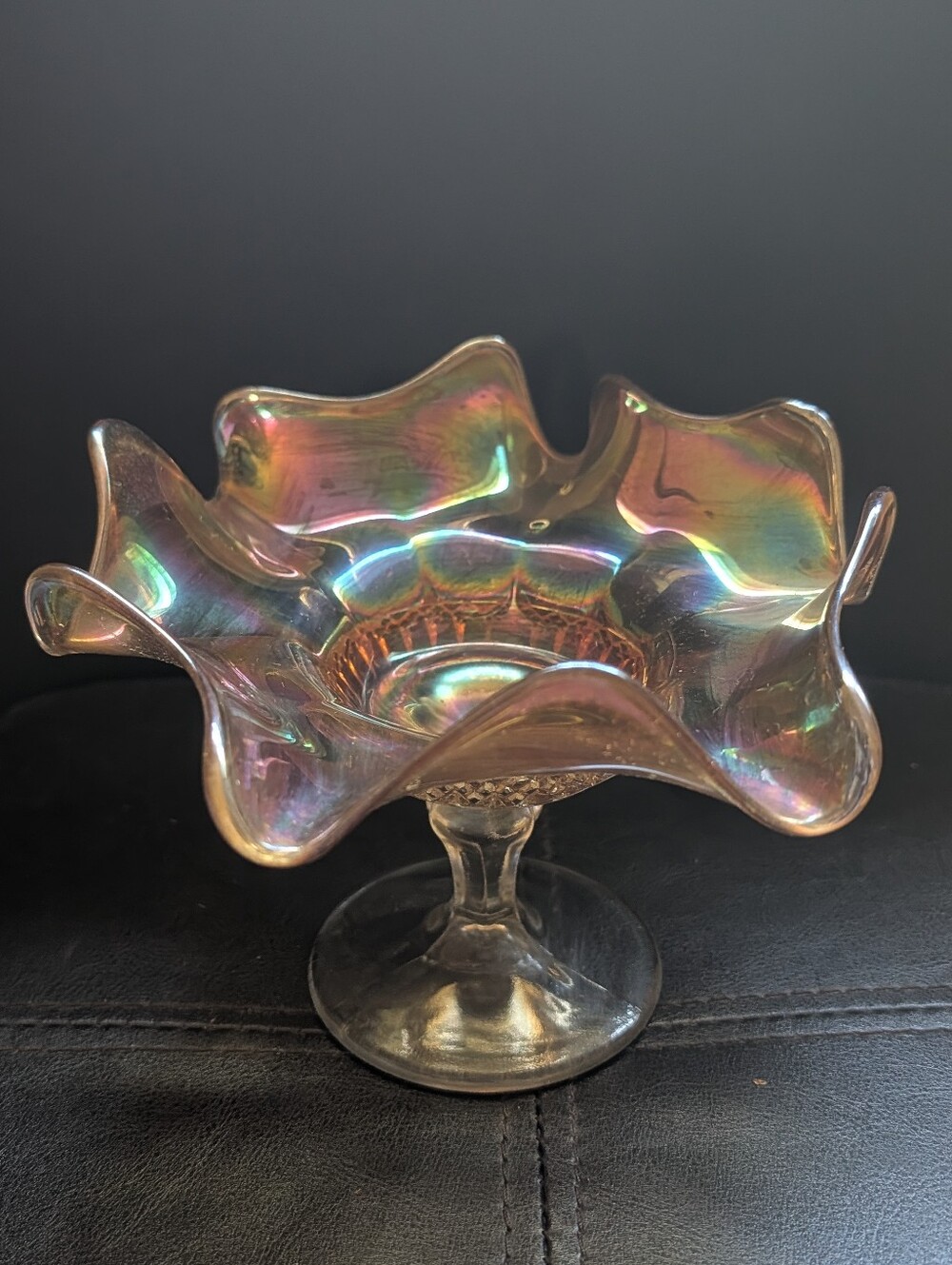 Antique Vintage Iridescent Rainbow Carnival Glass Candy Compote Dish